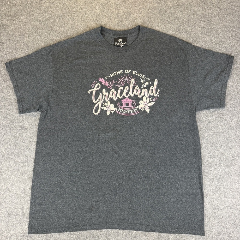 Graceland Home of Elvis Memphis T-Shirt Gray Heather Pink Floral Graphic XL